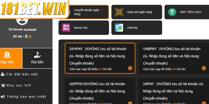 Nạp Tiền 181Bet Bí Quyết Giao Dịch Mượt Mà Và An Toàn 3 Phương thức nạp phổ biến người chơi cần biết